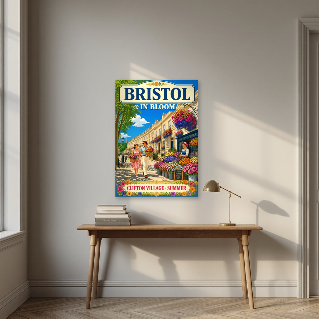 Clifton Village as an unframed print, above an oak writing desk