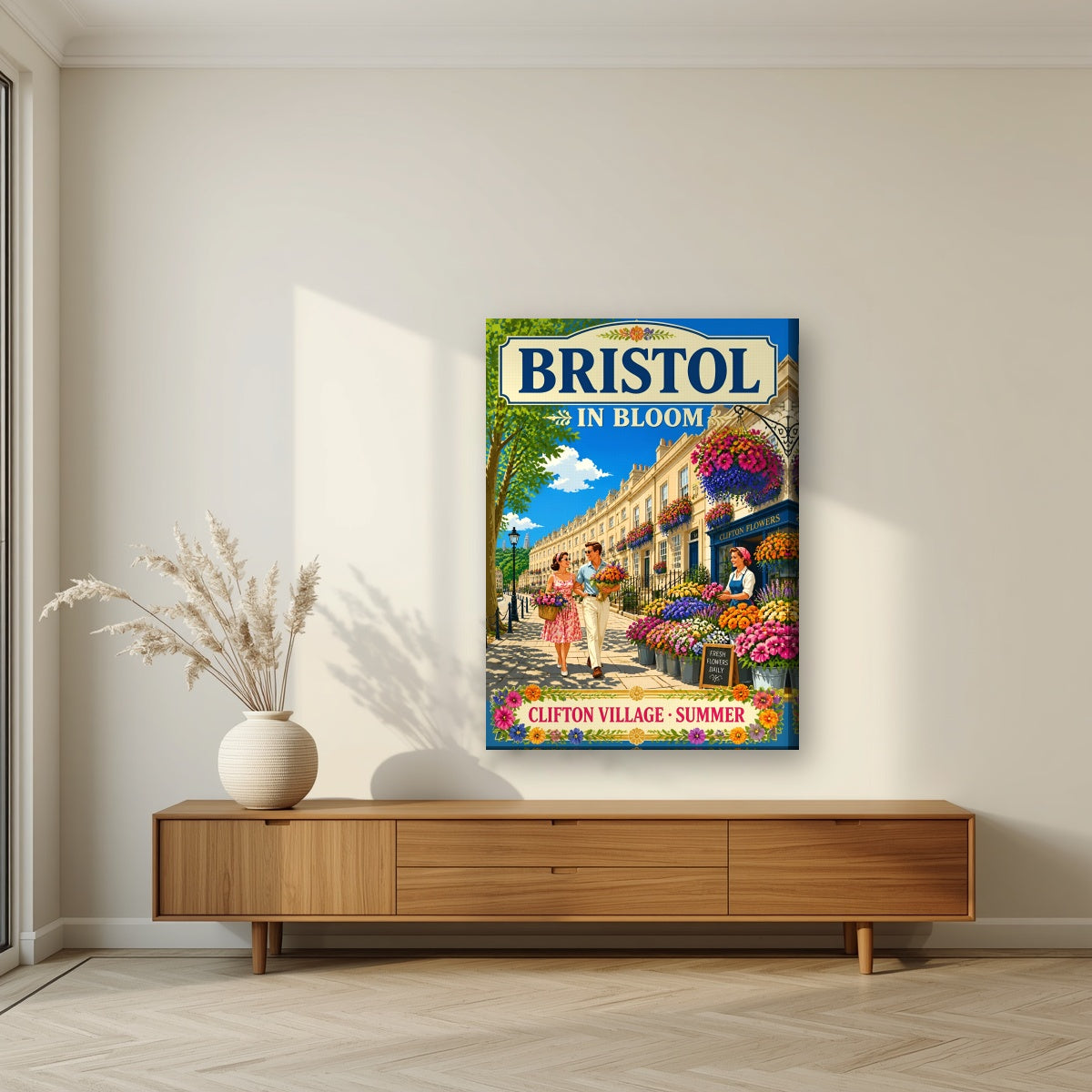 Clifton Village on a slim-edge canvas, above a walnut sideboard in a living room