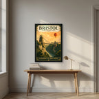 Gateway to the West in a black frame, above an oak writing desk