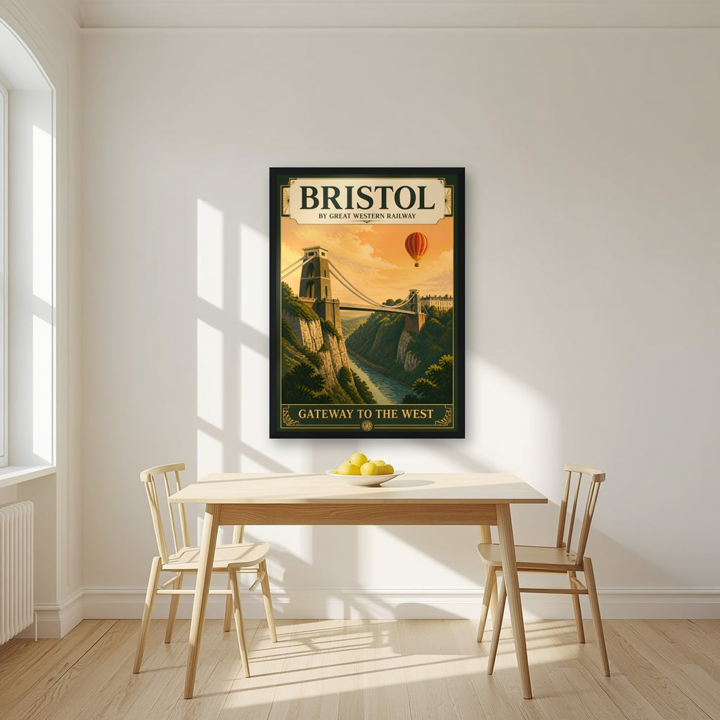 Gateway to the West in a black frame, above a dining table in a bright kitchen