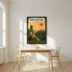 Gateway to the West in a black frame, above a dining table in a bright kitchen