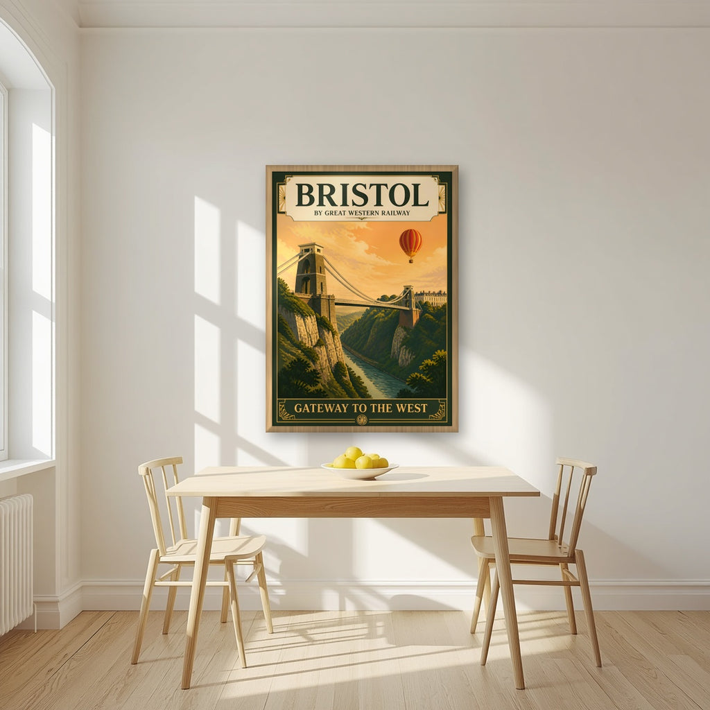 Gateway to the West in an oak frame, above a dining table in a bright kitchen