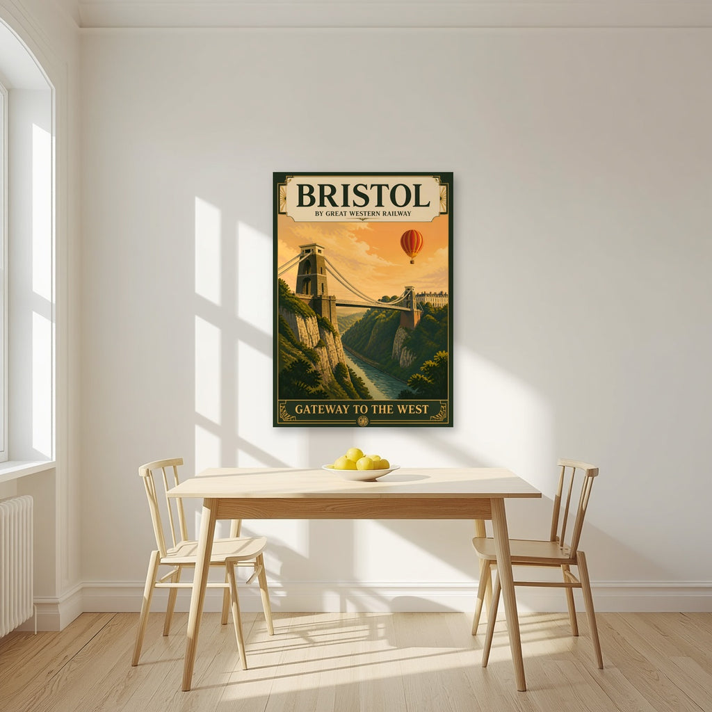 Gateway to the West as an unframed print, above a dining table in a bright kitchen