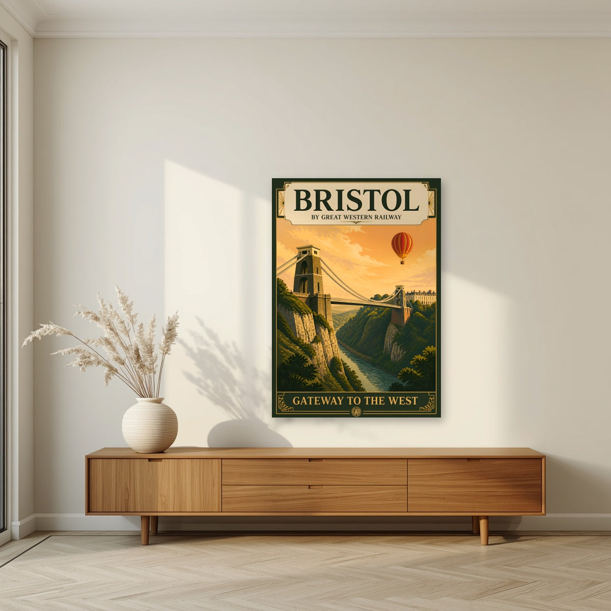 Gateway to the West as an unframed print, above a walnut sideboard in a living room