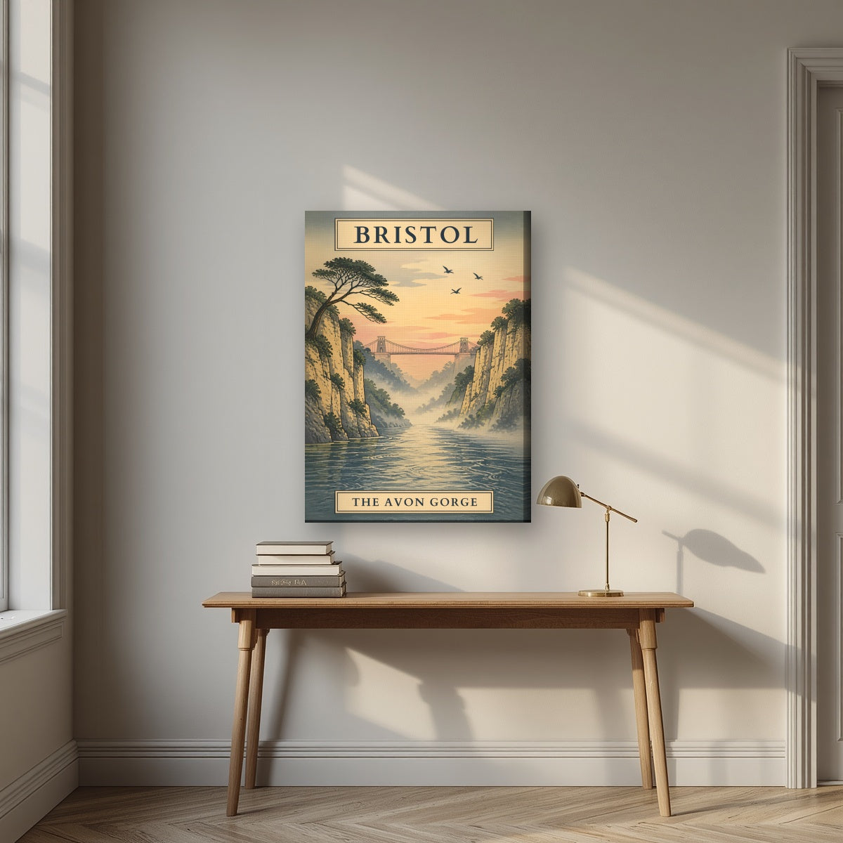 The Avon Gorge on a slim-edge canvas, above an oak writing desk
