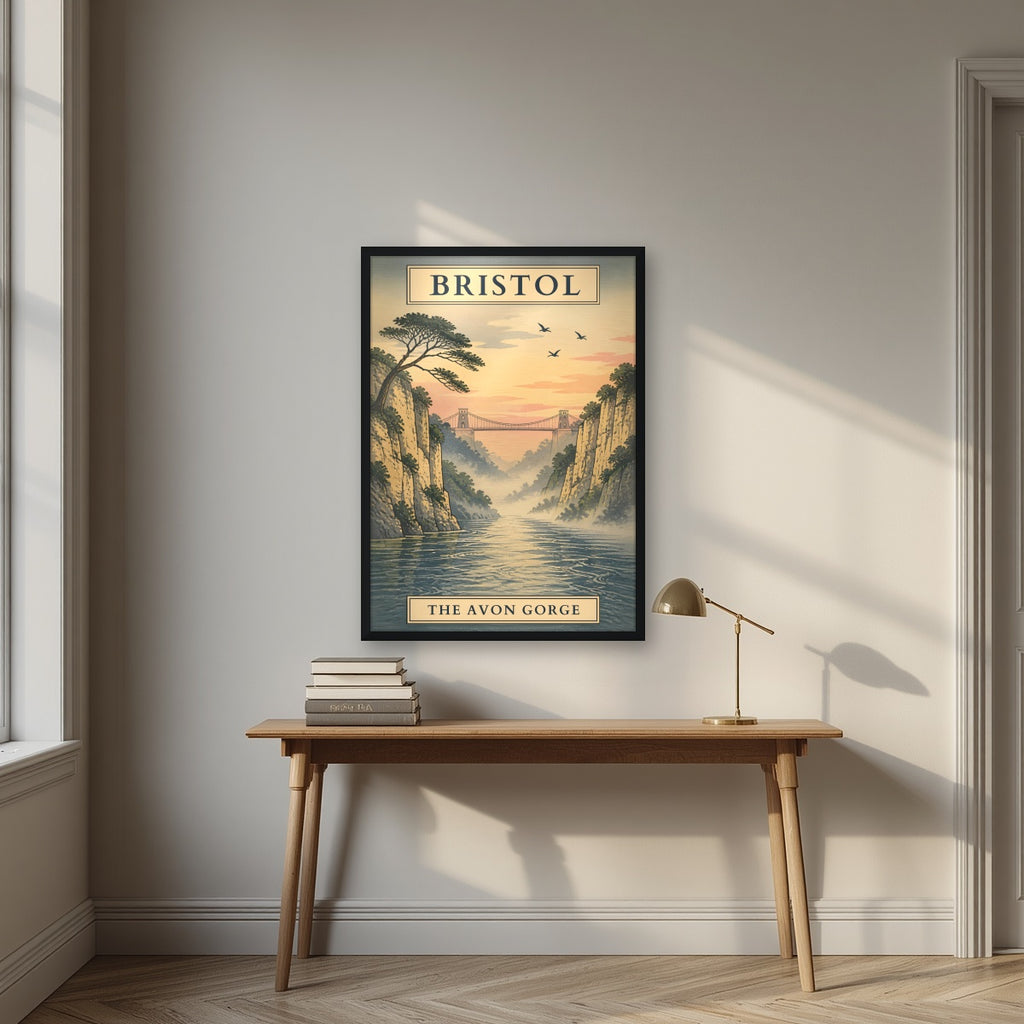 The Avon Gorge in a black frame, above an oak writing desk