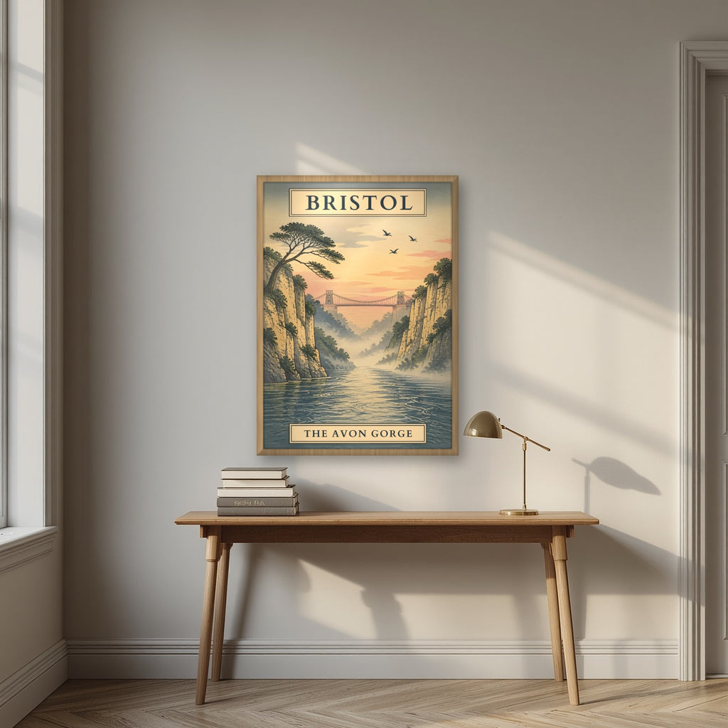 The Avon Gorge in an oak frame, above an oak writing desk