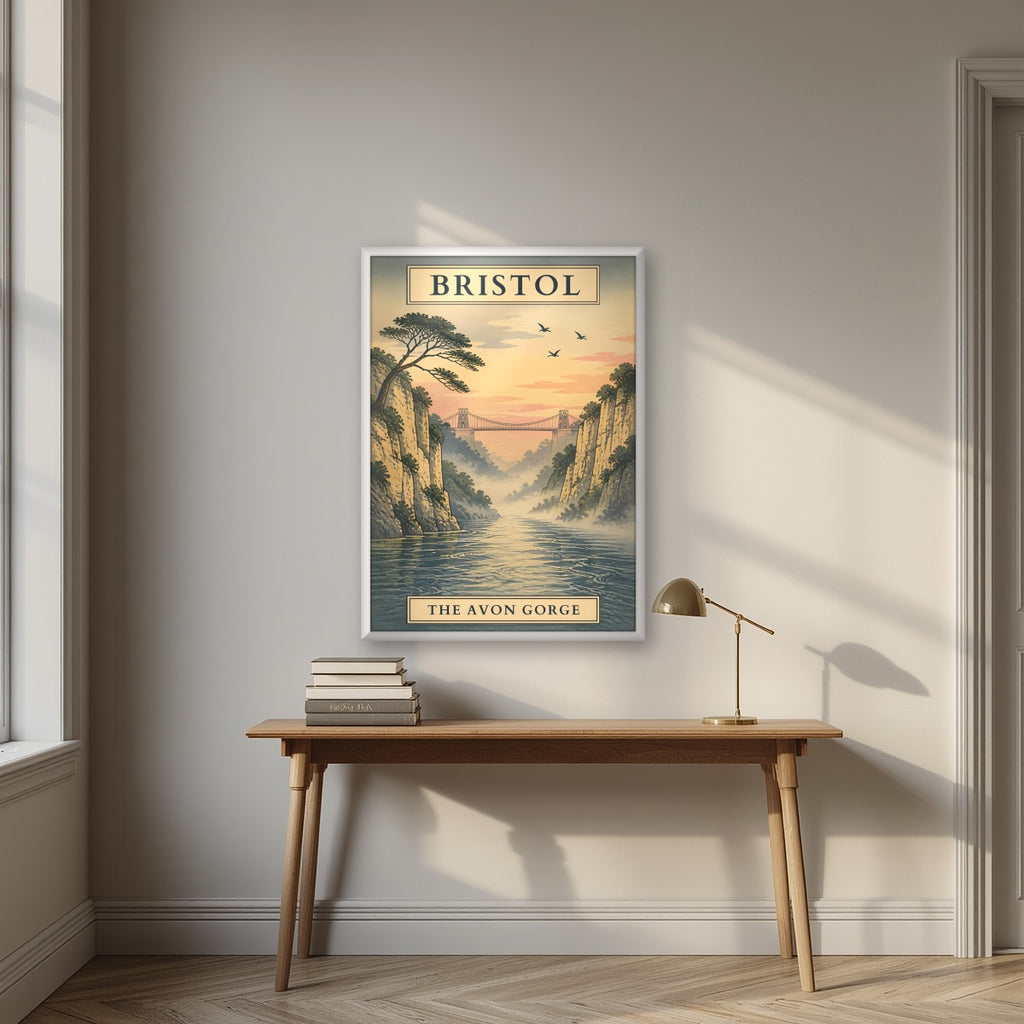 The Avon Gorge in a white frame, above an oak writing desk