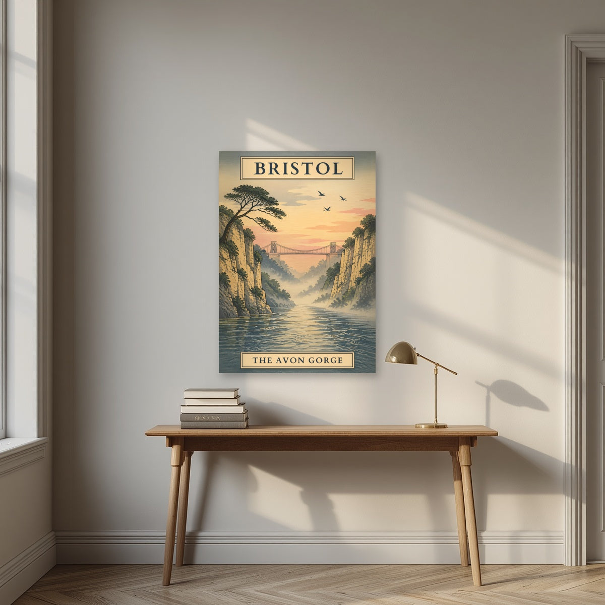 The Avon Gorge as an unframed print, above an oak writing desk