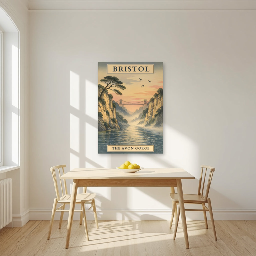 The Avon Gorge as an unframed print, above a dining table in a bright kitchen