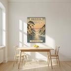 The Avon Gorge as an unframed print, above a dining table in a bright kitchen
