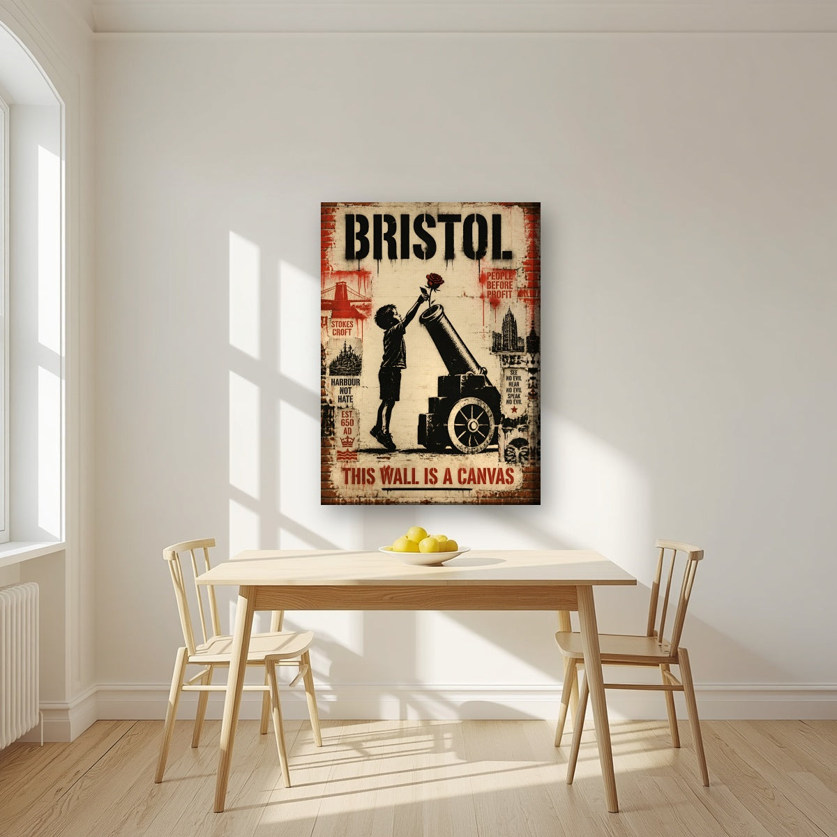 This Wall is a Canvas on a slim-edge canvas, above a dining table in a bright kitchen