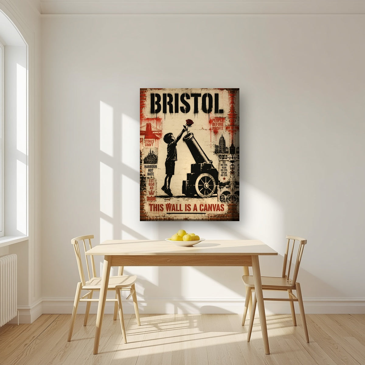 This Wall is a Canvas on a thick-edge canvas, above a dining table in a bright kitchen