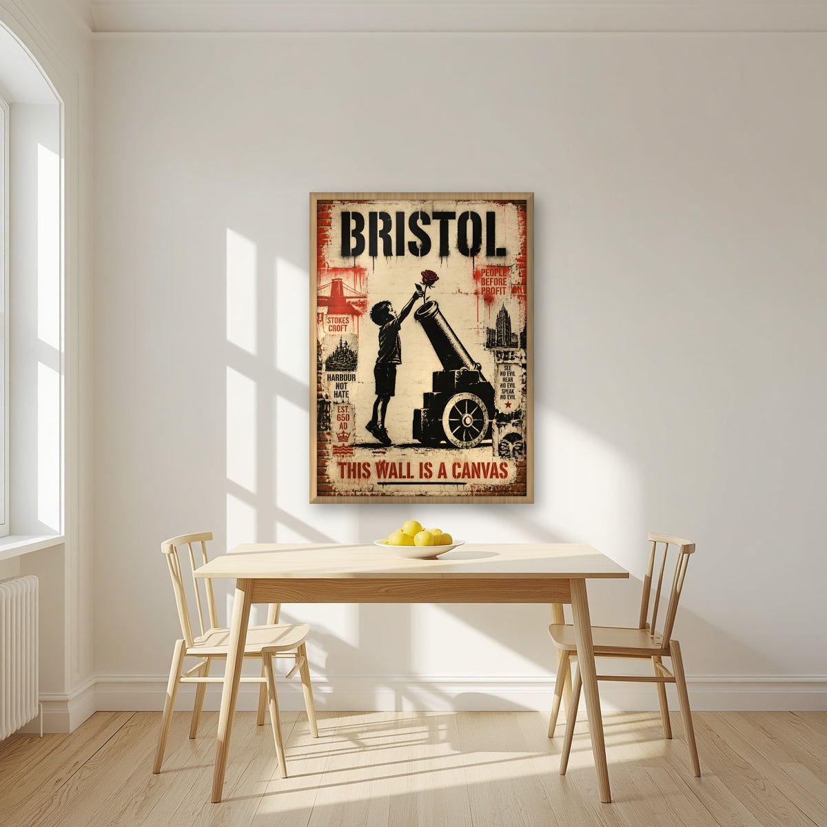 This Wall is a Canvas in an oak frame, above a dining table in a bright kitchen