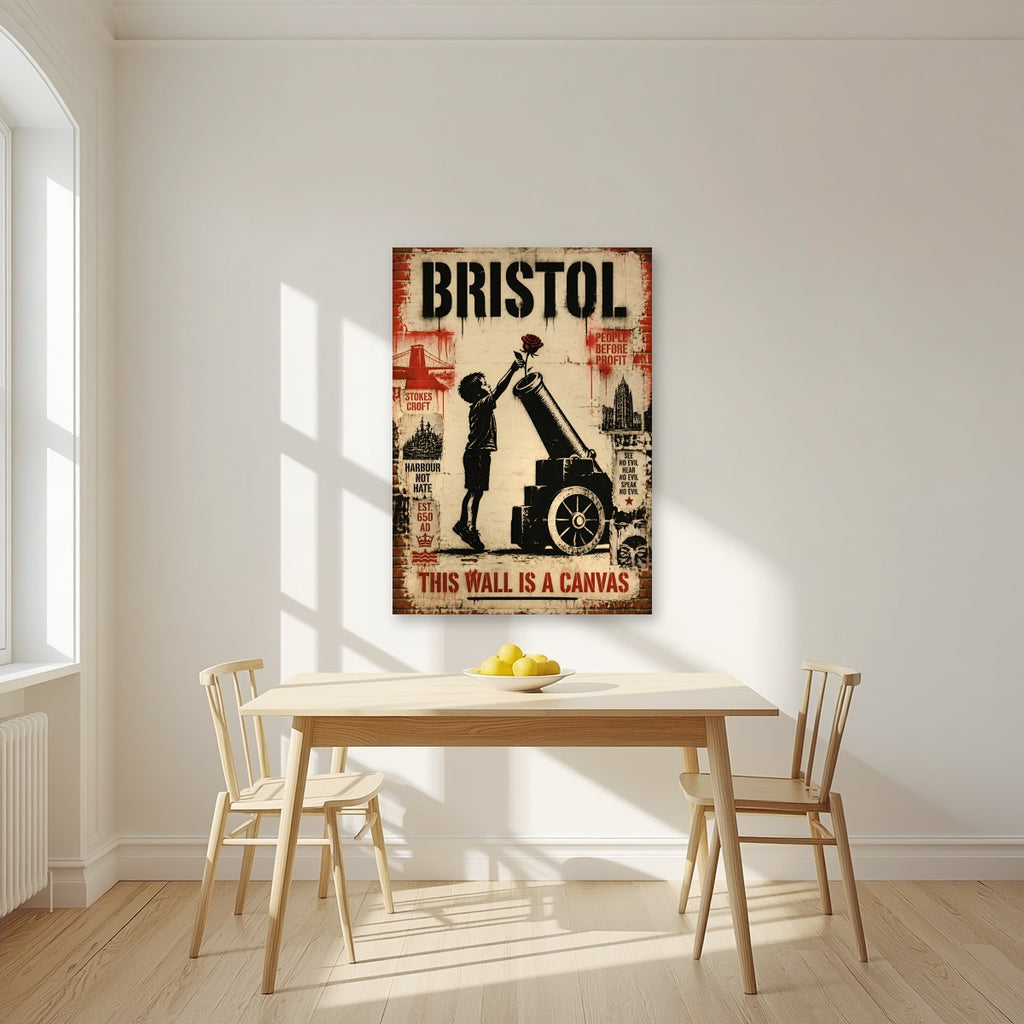 This Wall is a Canvas as an unframed print, above a dining table in a bright kitchen