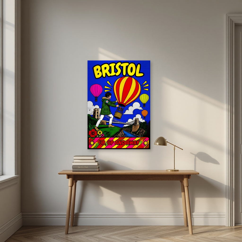Up, Up and Away as an unframed print, above an oak writing desk
