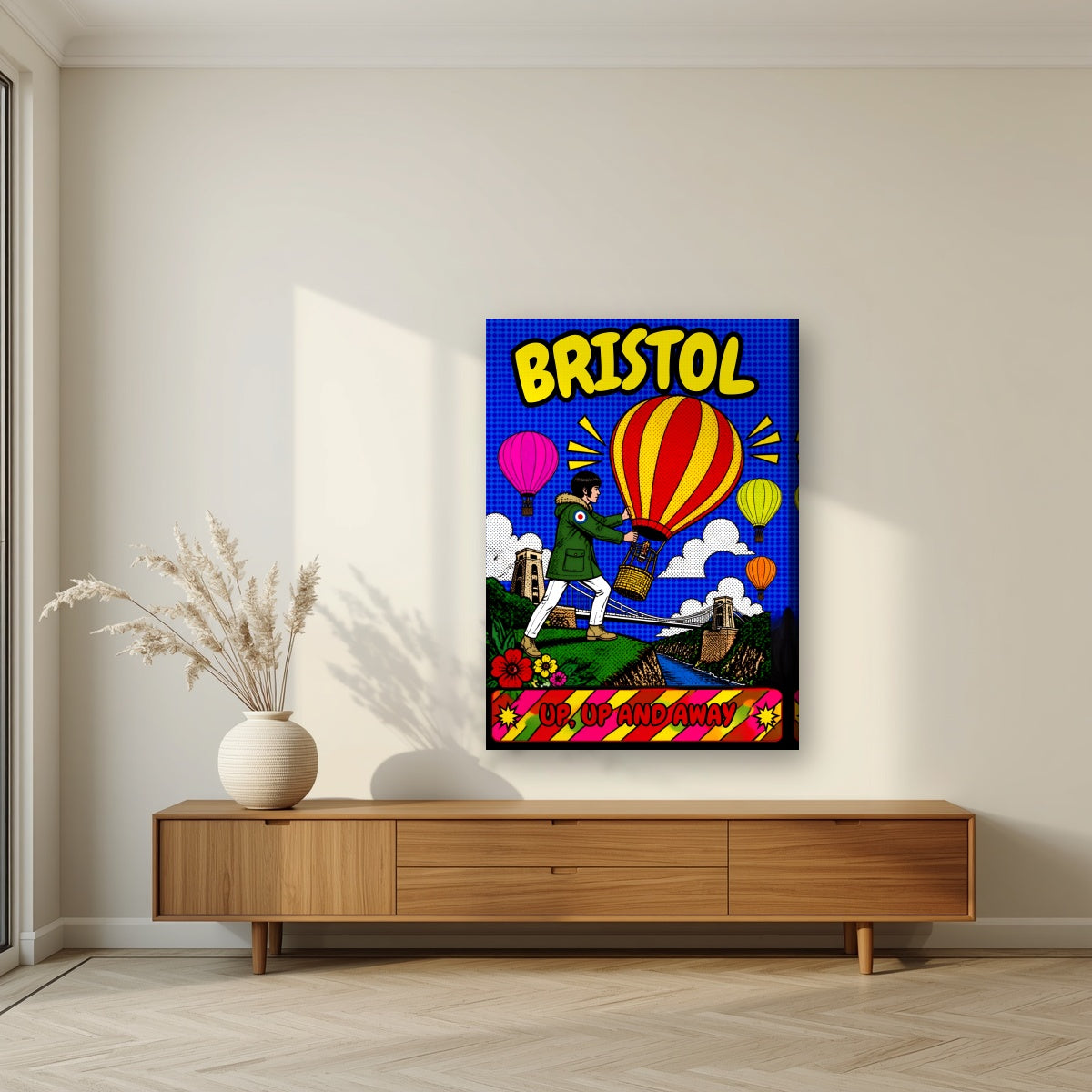 Up, Up and Away on a slim-edge canvas, above a walnut sideboard in a living room