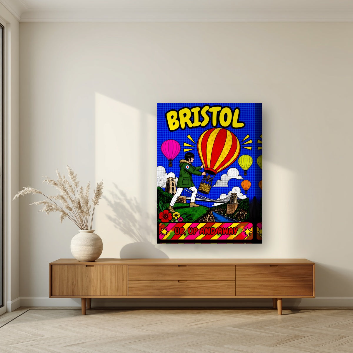 Up, Up and Away on a thick-edge canvas, above a walnut sideboard in a living room