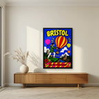 Up, Up and Away in a black frame, above a walnut sideboard in a living room