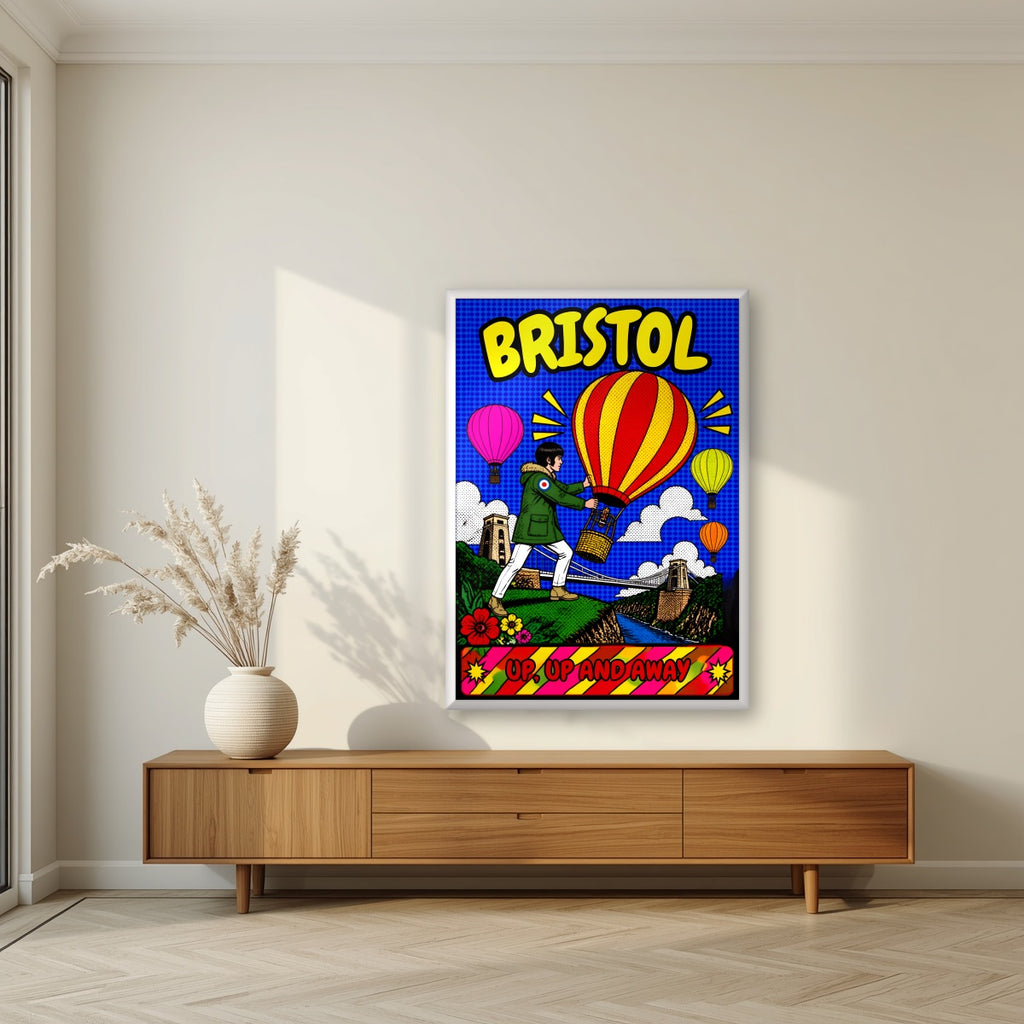 Up, Up and Away in a white frame, above a walnut sideboard in a living room