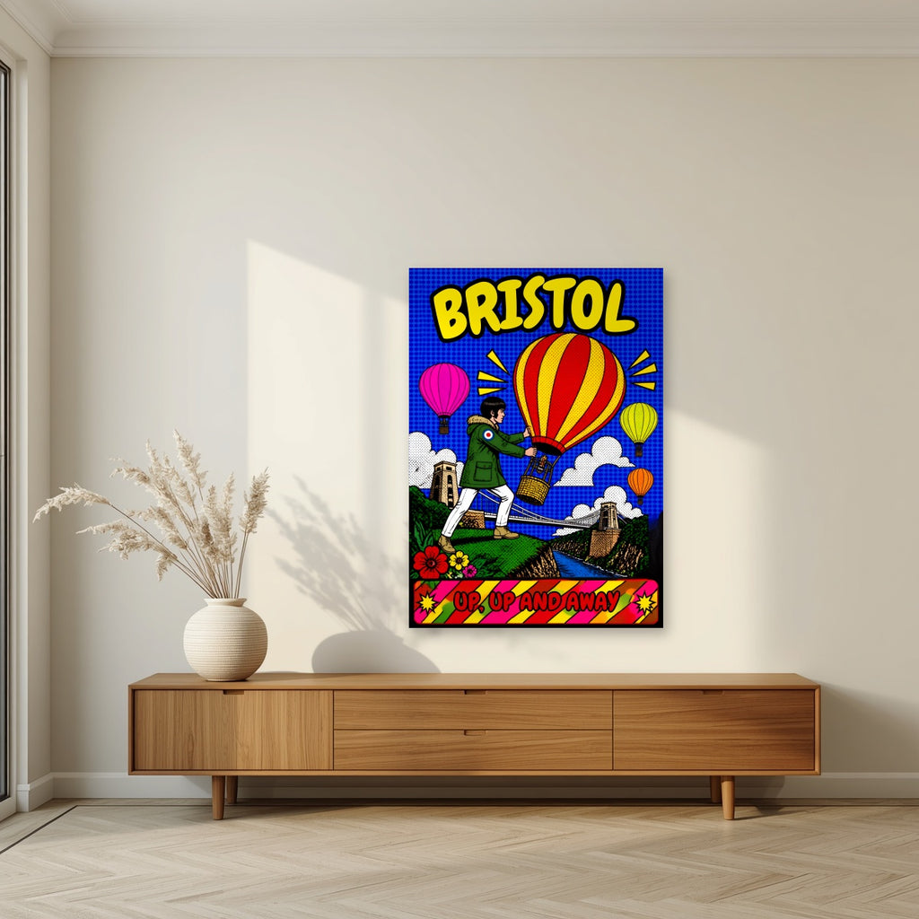 Up, Up and Away as an unframed print, above a walnut sideboard in a living room