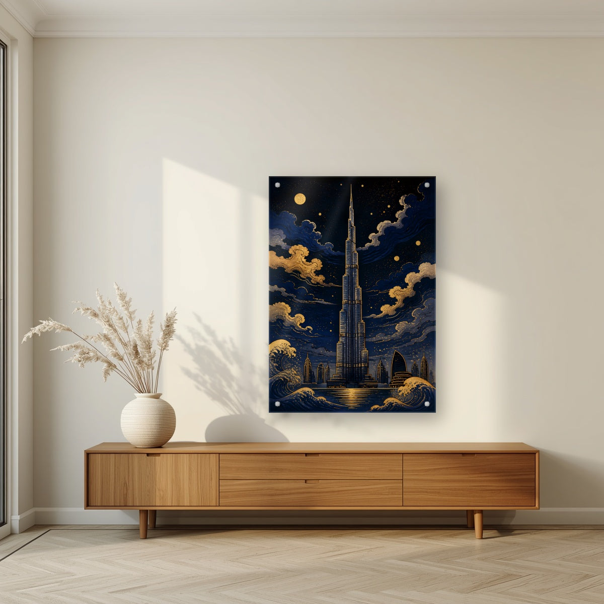 Burj by Moonlight | Dubai Art Print — acrylic print, room scene