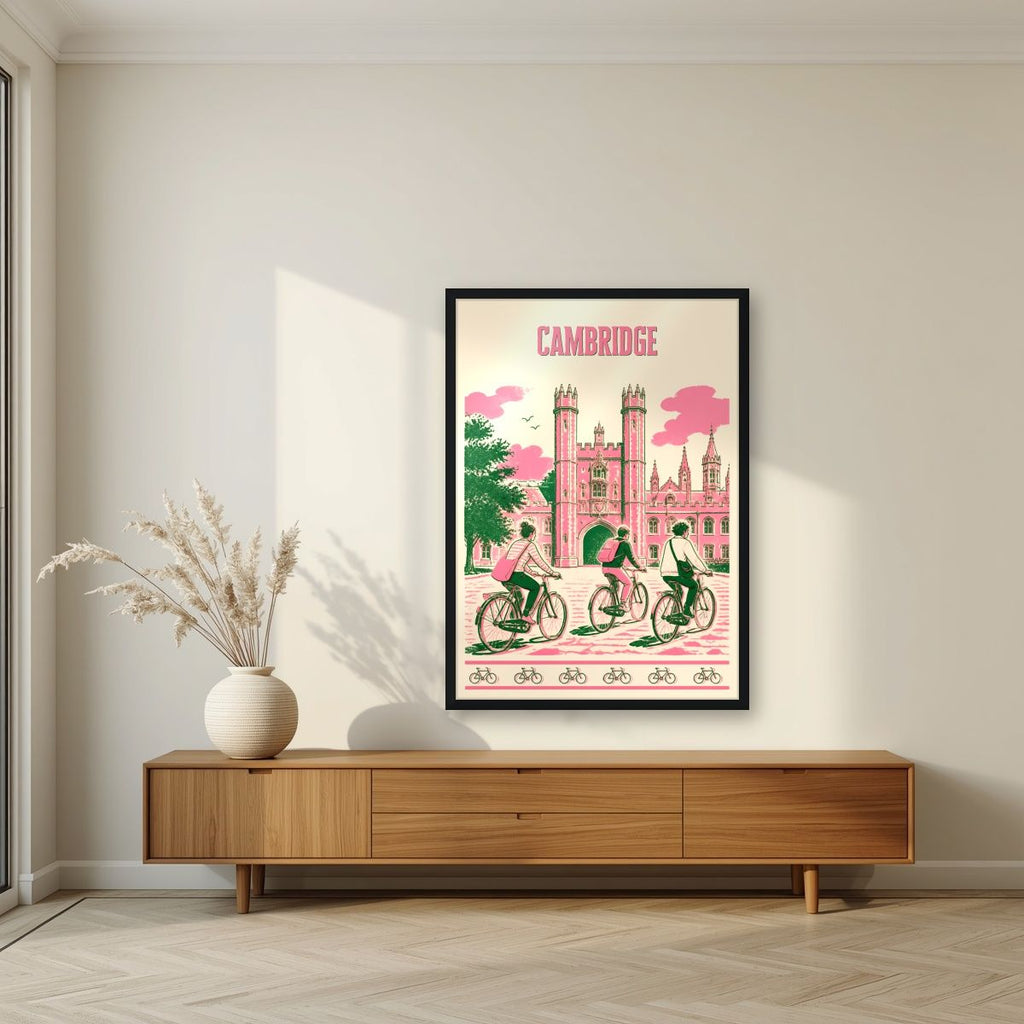 Bicycles At Trinity — Cambridge art print, in a black frame, styled in a living room