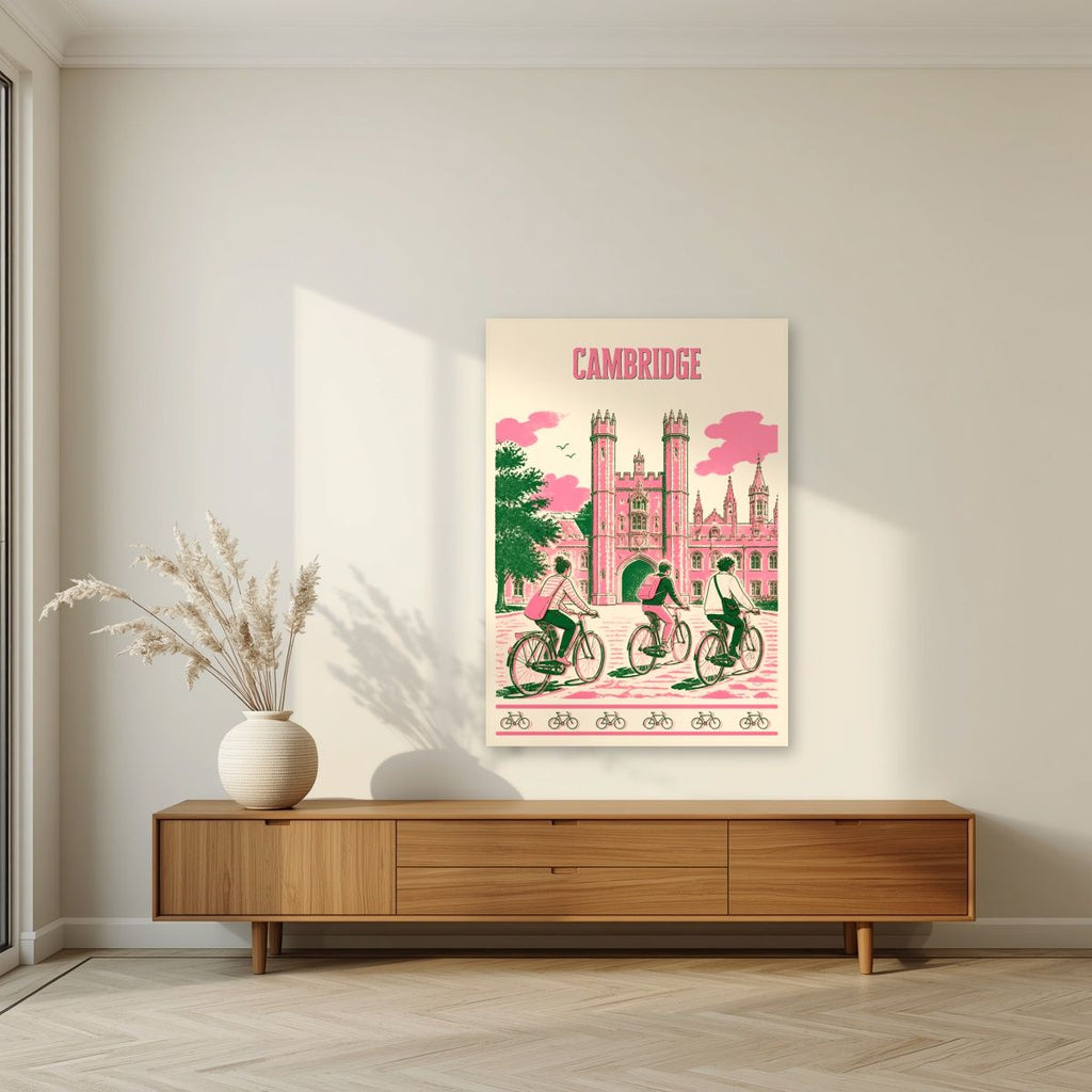 Bicycles At Trinity — Cambridge art print, unframed poster, styled in a living room
