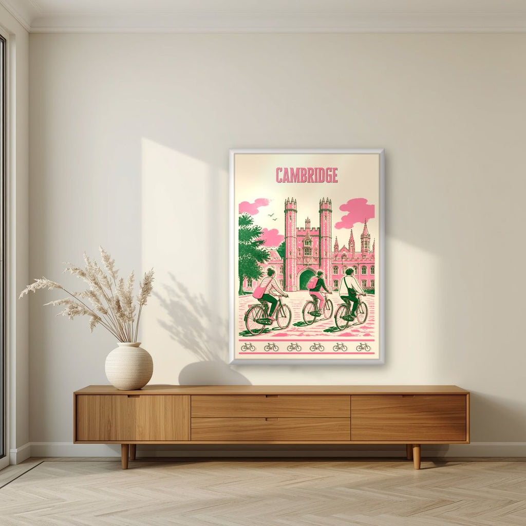 Bicycles At Trinity — Cambridge art print, in a white frame, styled in a living room