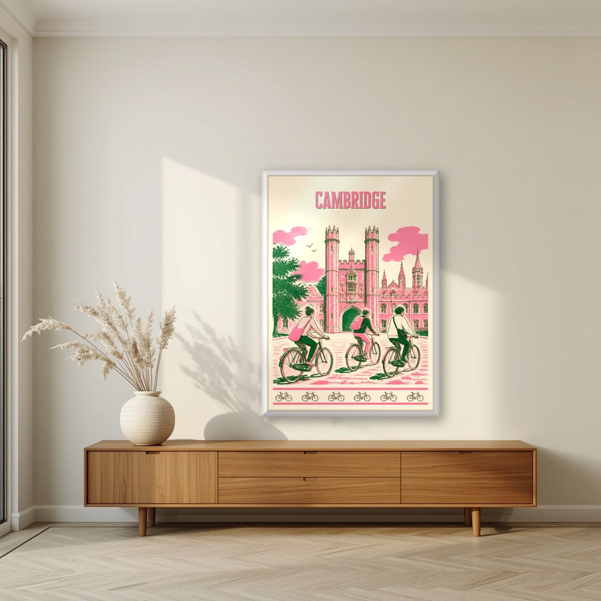 Bicycles At Trinity — Cambridge art print, in a white frame, styled in a living room