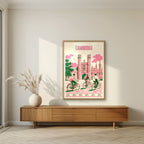 Bicycles At Trinity — Cambridge art print, in an oak frame, styled in a living room
