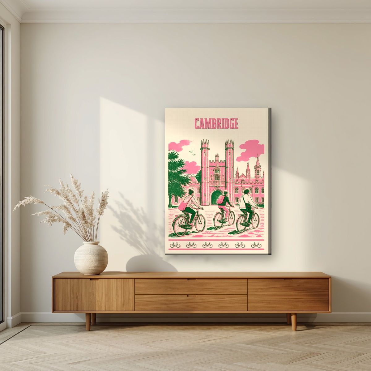 Bicycles At Trinity — Cambridge art print, on slim canvas, styled in a living room