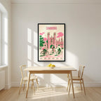 Bicycles At Trinity — Cambridge art print, in a black frame, styled in a kitchen