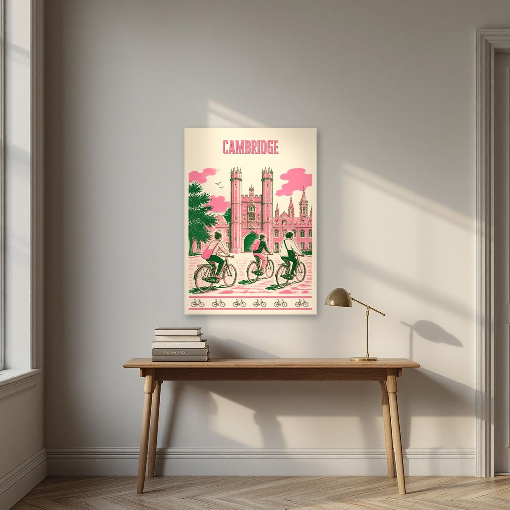 Bicycles At Trinity — Cambridge art print, unframed poster, styled in a desk