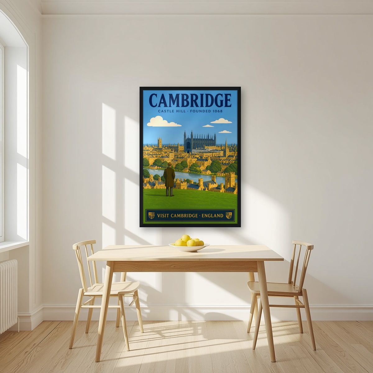 Castle Hill — Cambridge art print, in a black frame, styled in a kitchen