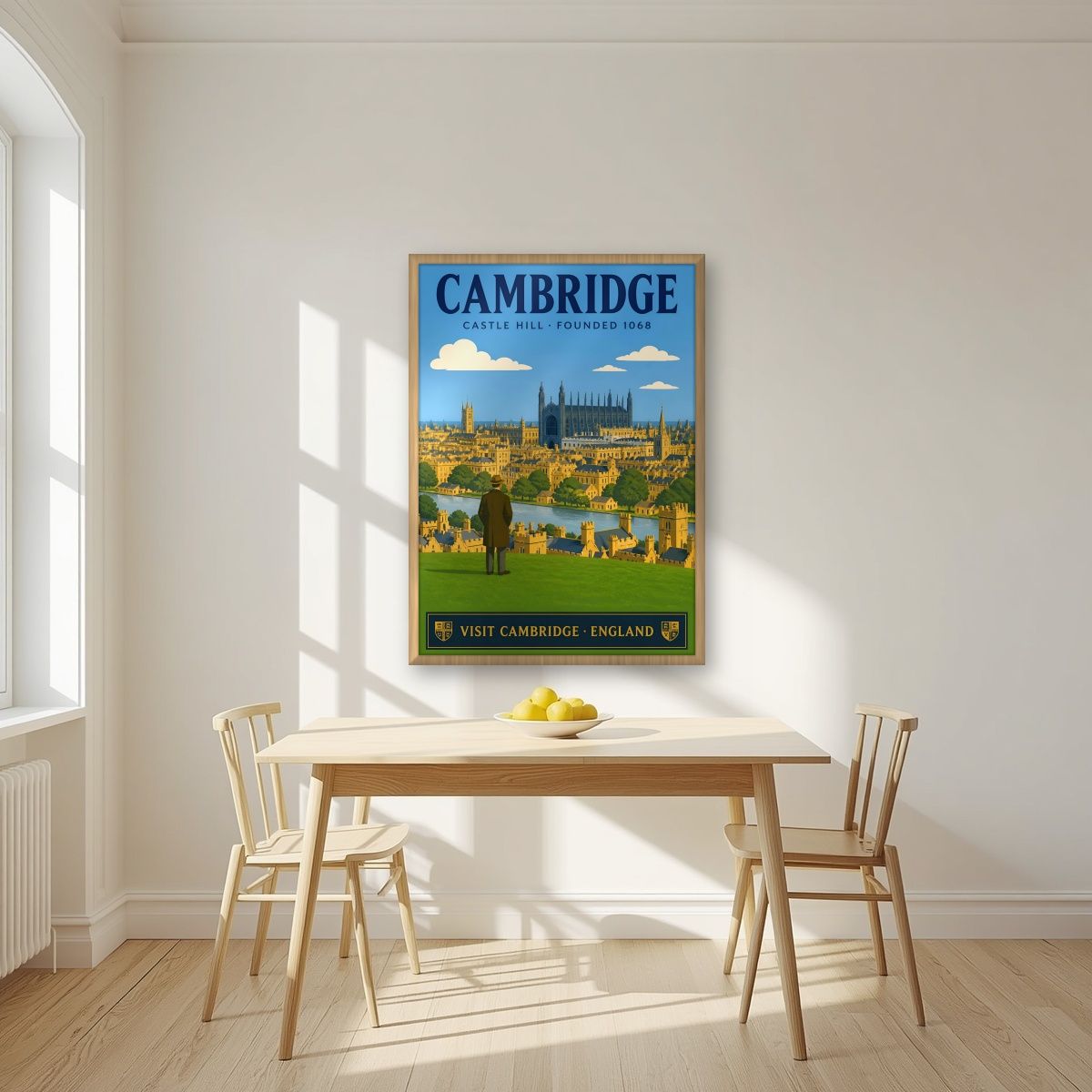 Castle Hill — Cambridge art print, in an oak frame, styled in a kitchen