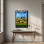 Castle Hill — Cambridge art print, in a black frame, styled in a desk