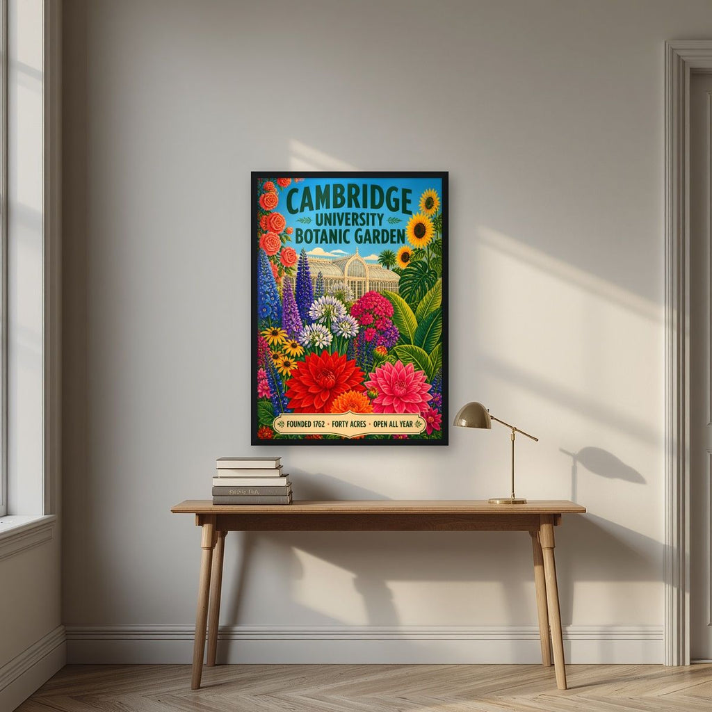 Forty Acres — Cambridge art print, in a black frame, styled in a desk