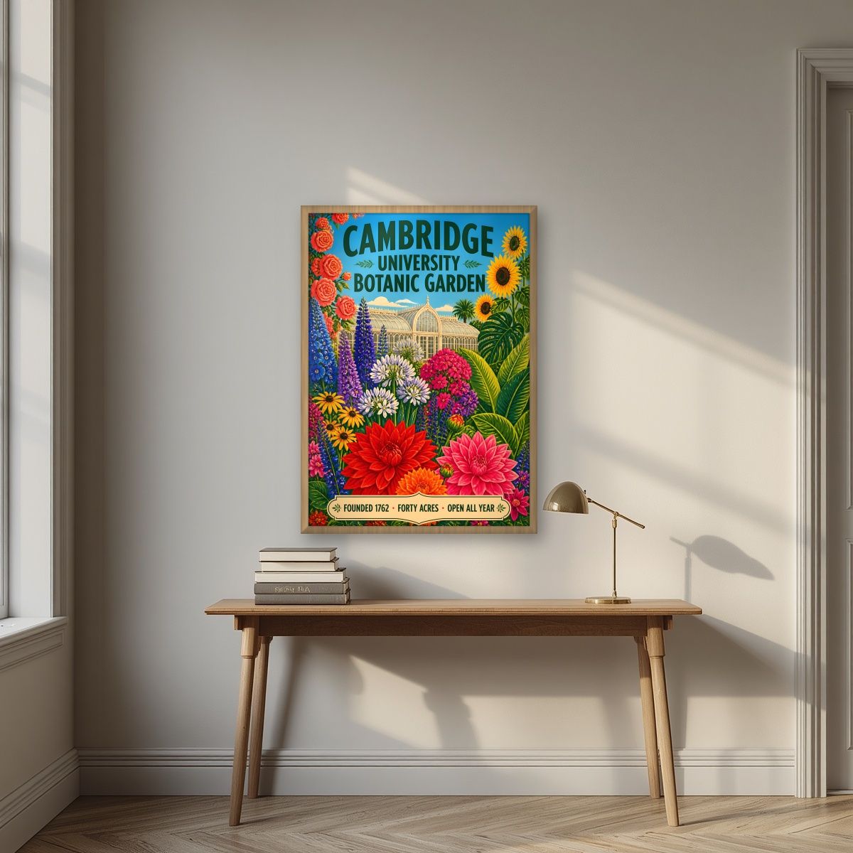 Forty Acres — Cambridge art print, in an oak frame, styled in a desk