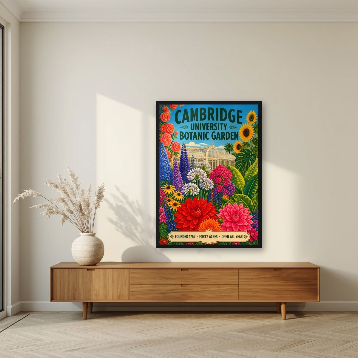 Forty Acres — Cambridge art print, in a black frame, styled in a living room