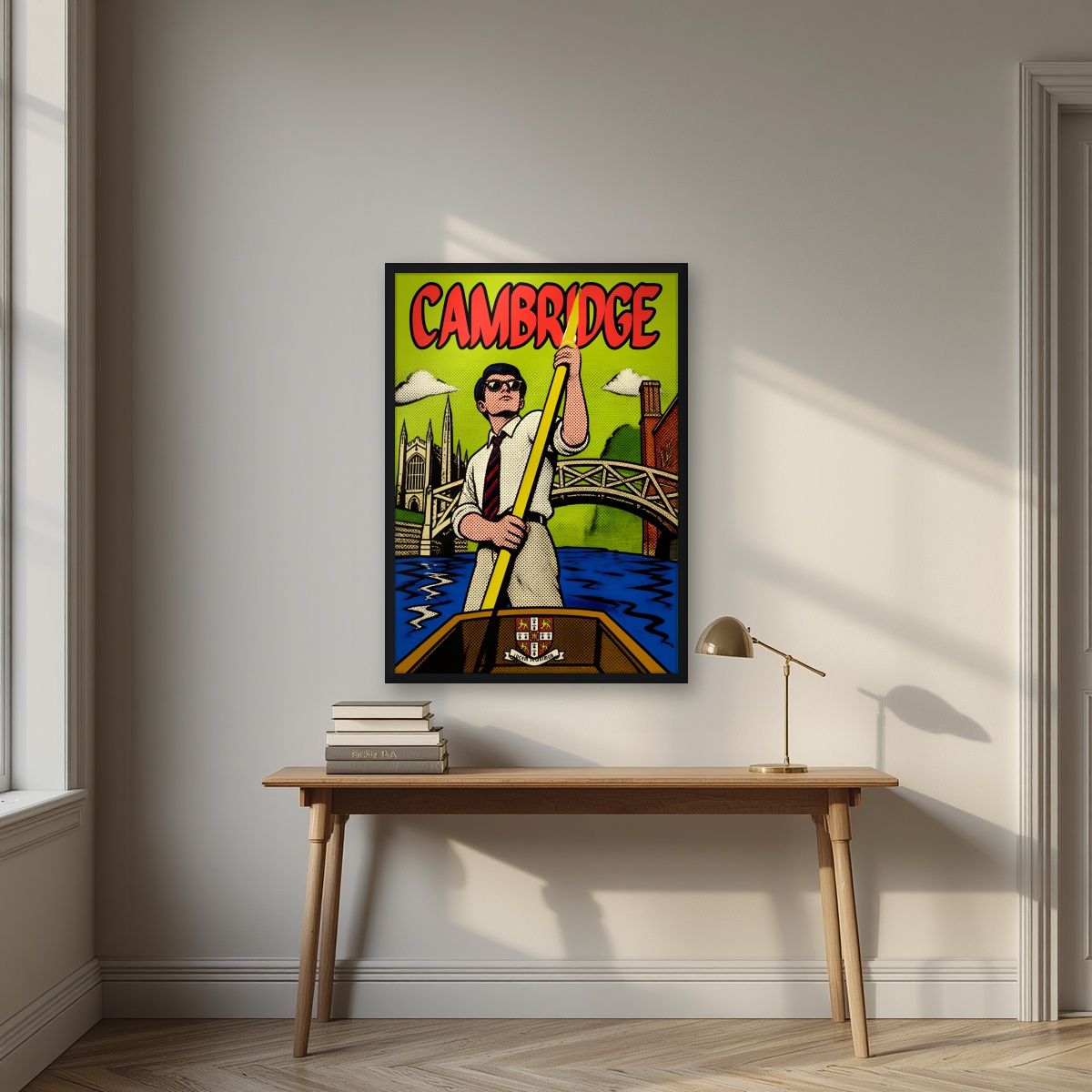 Mathematical Bridge — Cambridge art print, in a black frame, styled in a desk