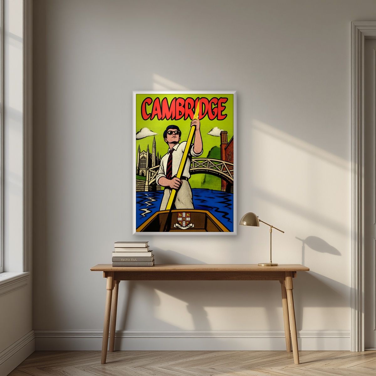 Mathematical Bridge — Cambridge art print, in a white frame, styled in a desk