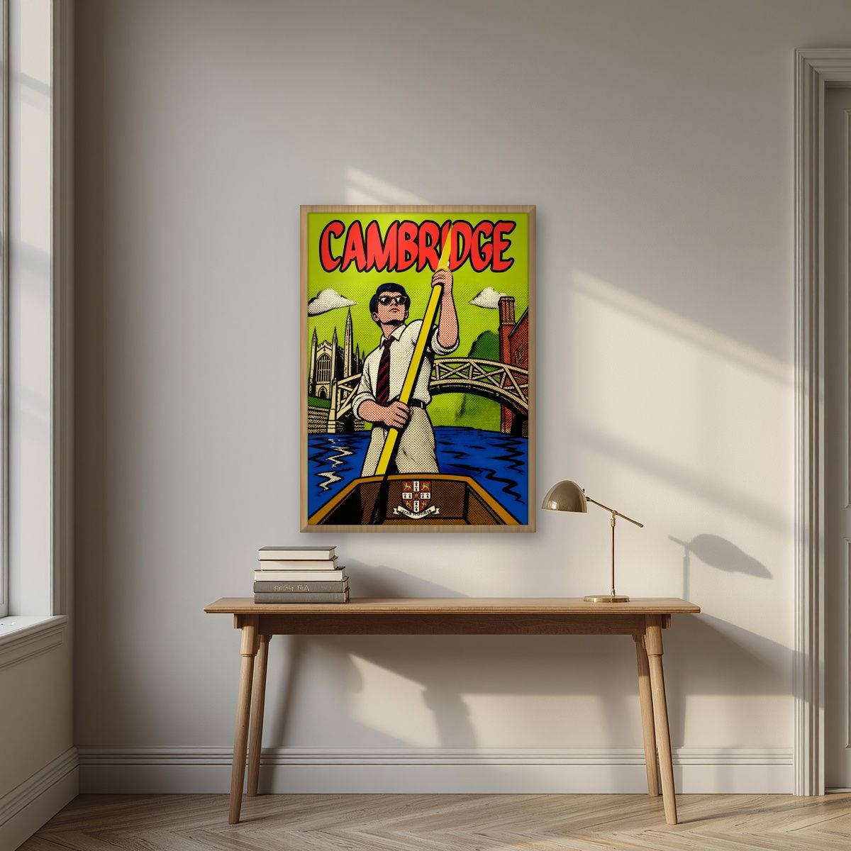Mathematical Bridge — Cambridge art print, in an oak frame, styled in a desk