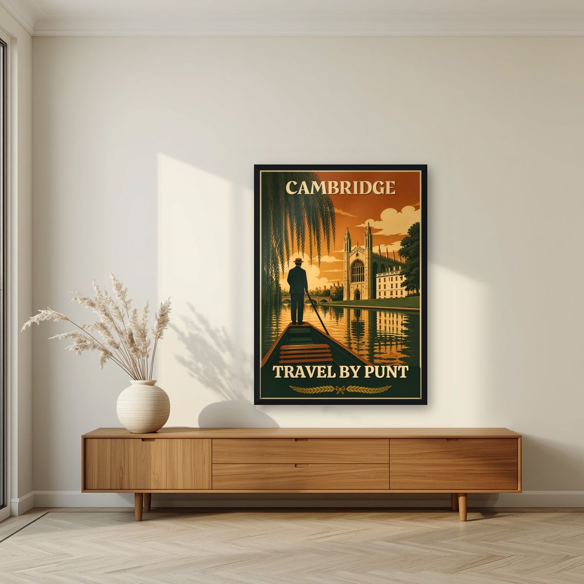 Travel By Punt — Cambridge art print, in a black frame, styled in a living room