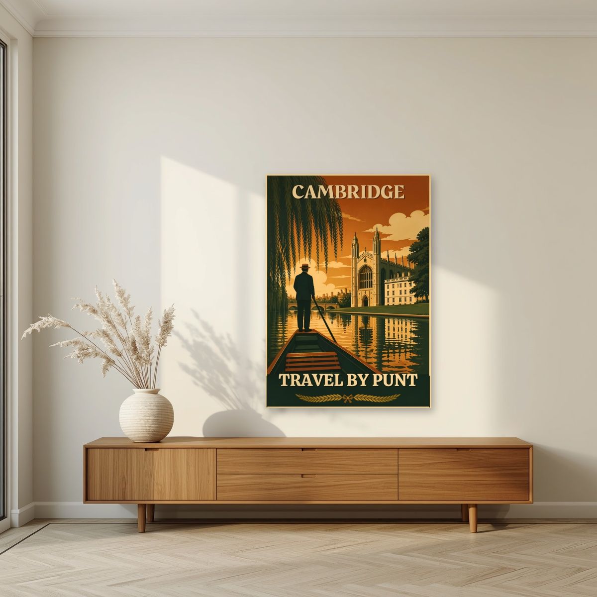 Travel By Punt — Cambridge art print, unframed poster, styled in a living room