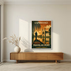 Travel By Punt — Cambridge art print, in a white frame, styled in a living room