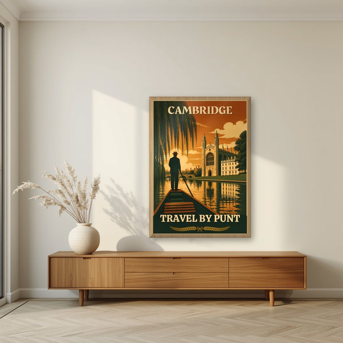 Travel By Punt — Cambridge art print, in an oak frame, styled in a living room