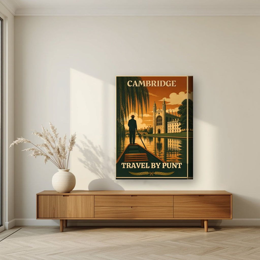 Travel By Punt — Cambridge art print, on thick canvas, styled in a living room