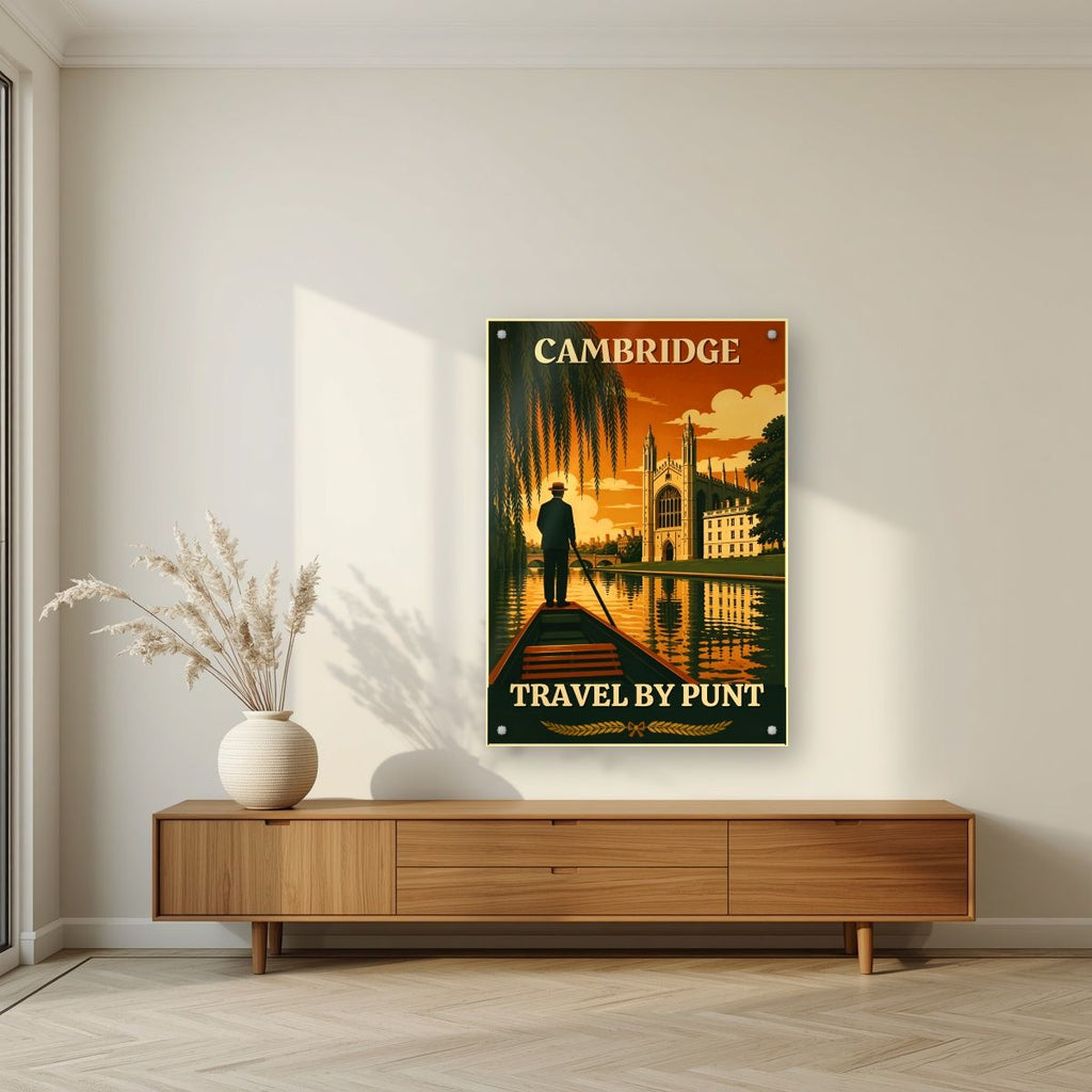 Travel By Punt — Cambridge art print, as an acrylic print, styled in a living room
