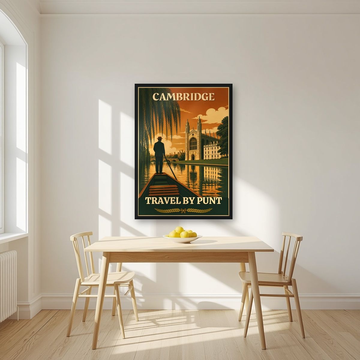 Travel By Punt — Cambridge art print, in a black frame, styled in a kitchen